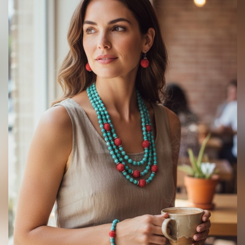 Turquoise and Red Beaded Necklace Set